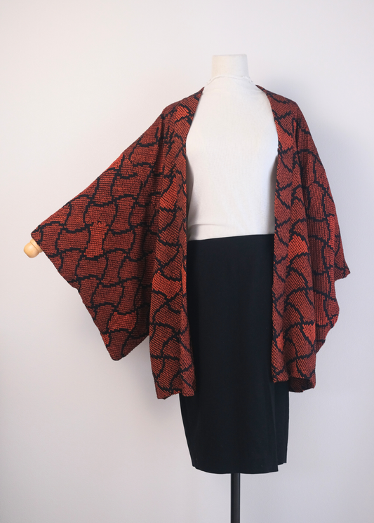 Red & Black Shibori Haori with Floral Lining