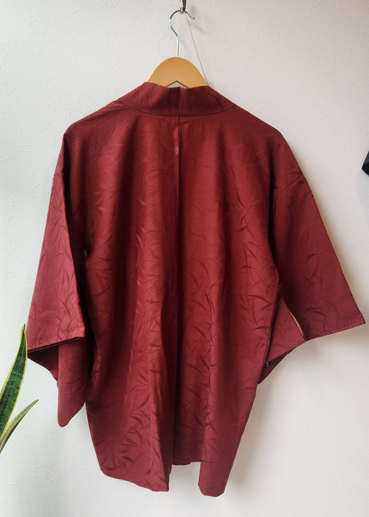 Vintage Deep Red Haori with Subtle Leaf Pattern
