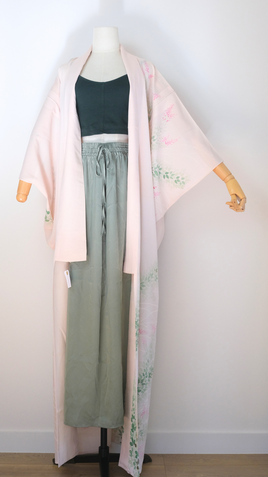 Sheer Pink Kimono with Hand-Painted Floral Design