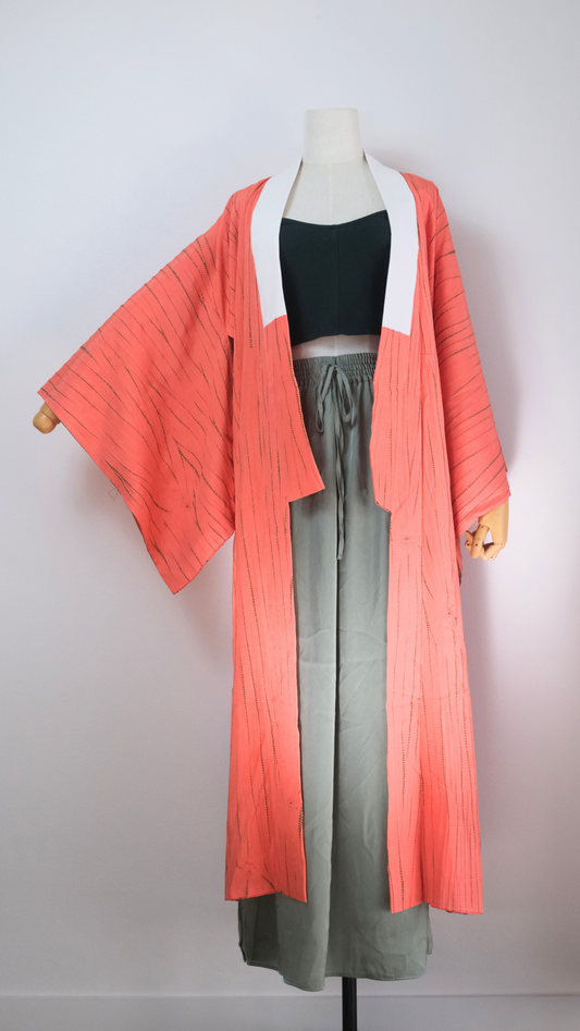 Coral-Orange Nagajuban with Textured Stripe Pattern