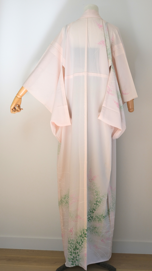 Vintage Sheer Pink Kimono with Hand-Painted Floral Design