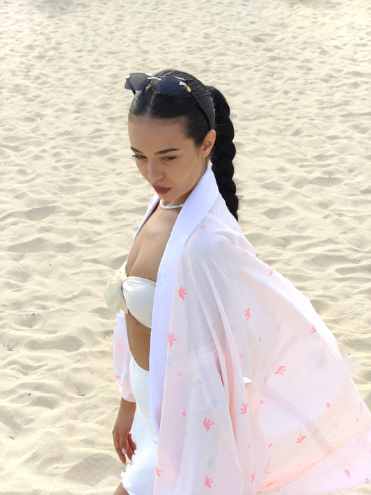 Vintage Blush Pink Nagajuban with Crane Pattern and Embroidery on the Collar