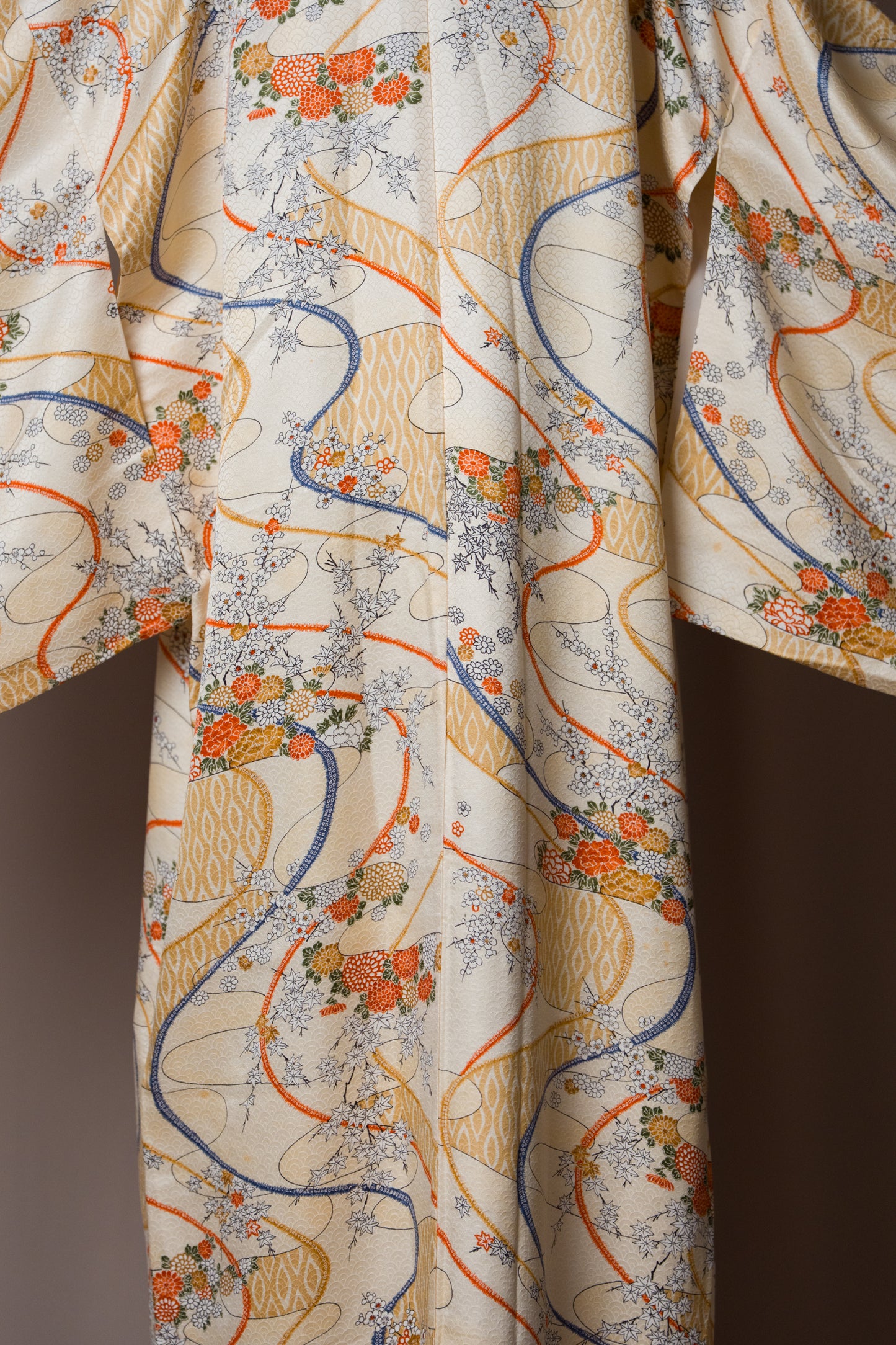 Vintage Kimono in Ivory with Golden Botanicals