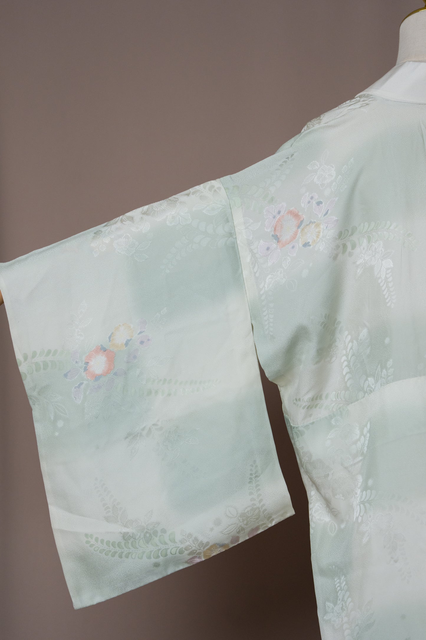 Vintage Soft Mint Nagajuban with Floral Motif