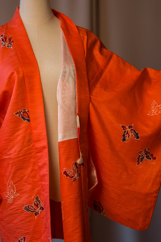 Vintage Bright Pink-Orange Haori with Butterfly Motif