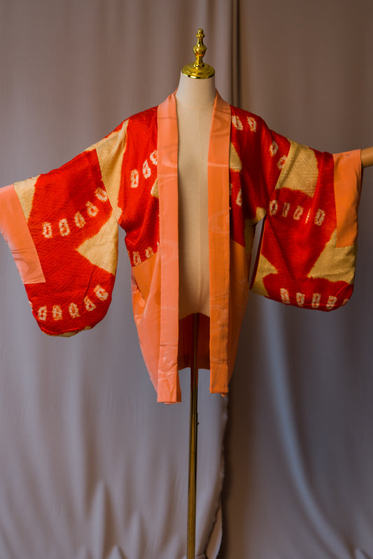 Винтидж Двустранно хаори в прасковено и червено