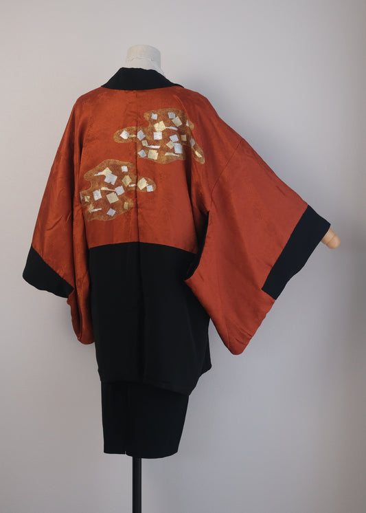 Black Haori with Subtle Floral Back & Gold Cloud Lining