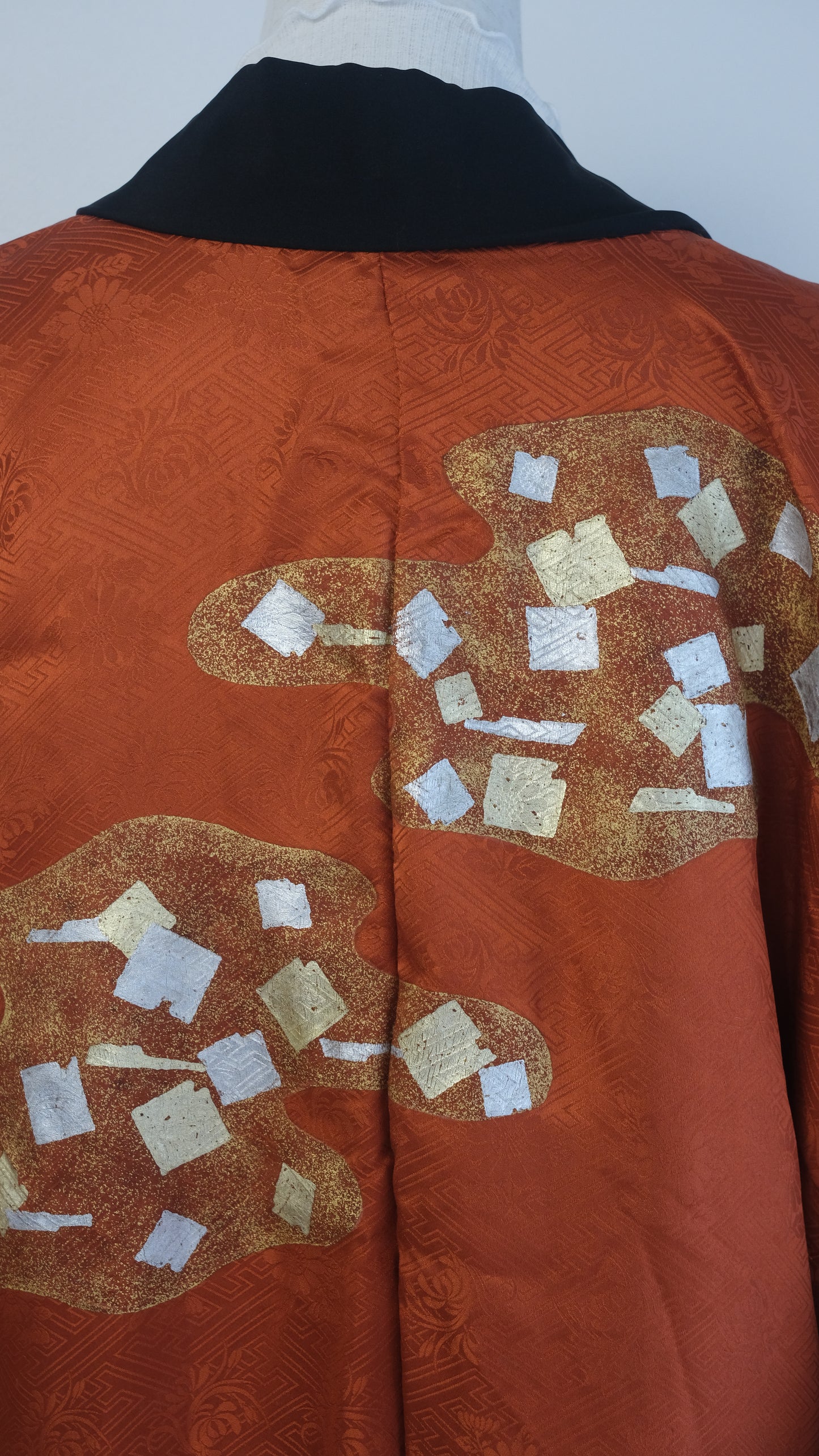 Black Haori with Subtle Floral Back & Gold Cloud Lining