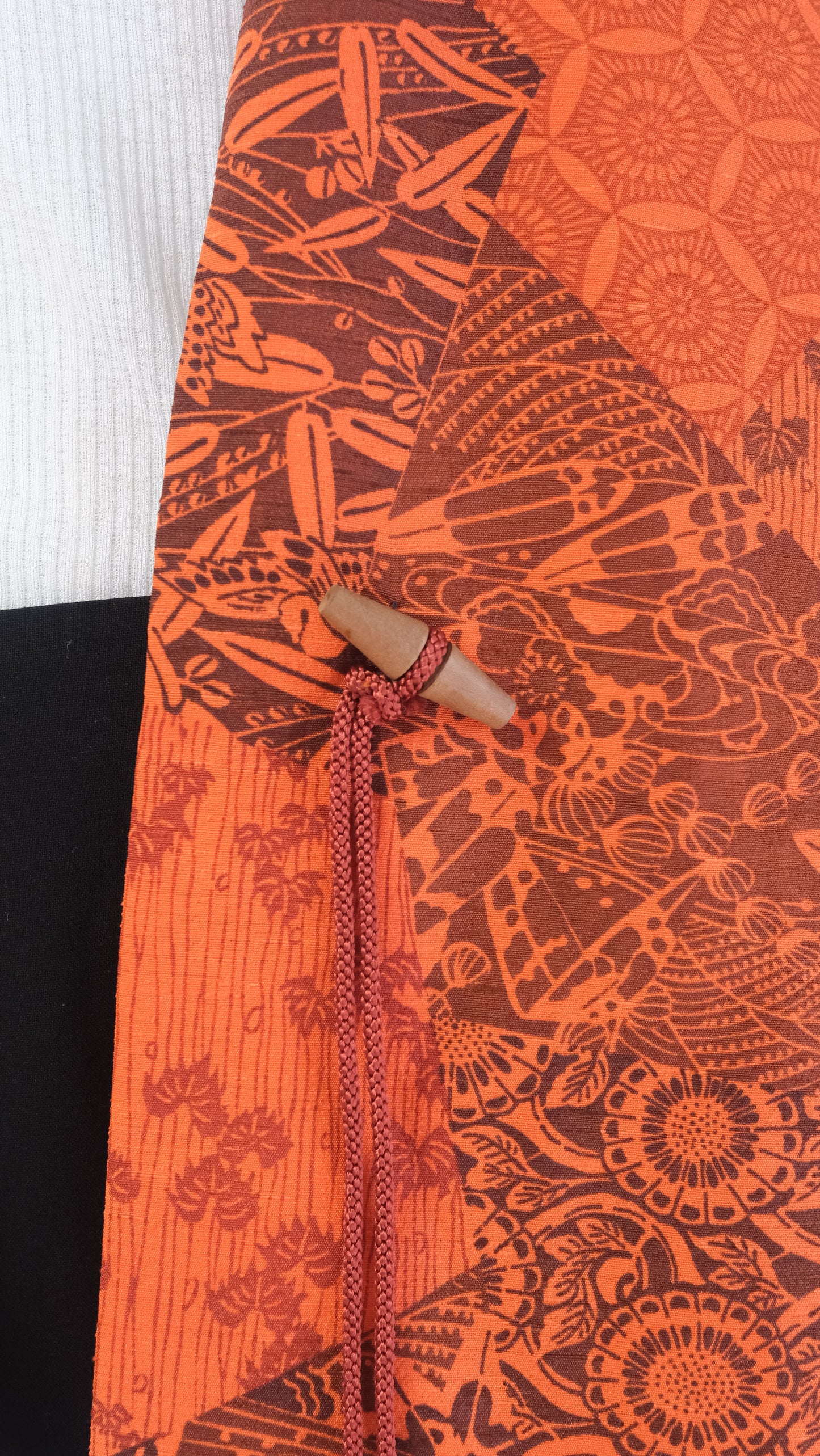 Bright Red Patchwork Haori with Bamboo and Chrysanthemum Motif