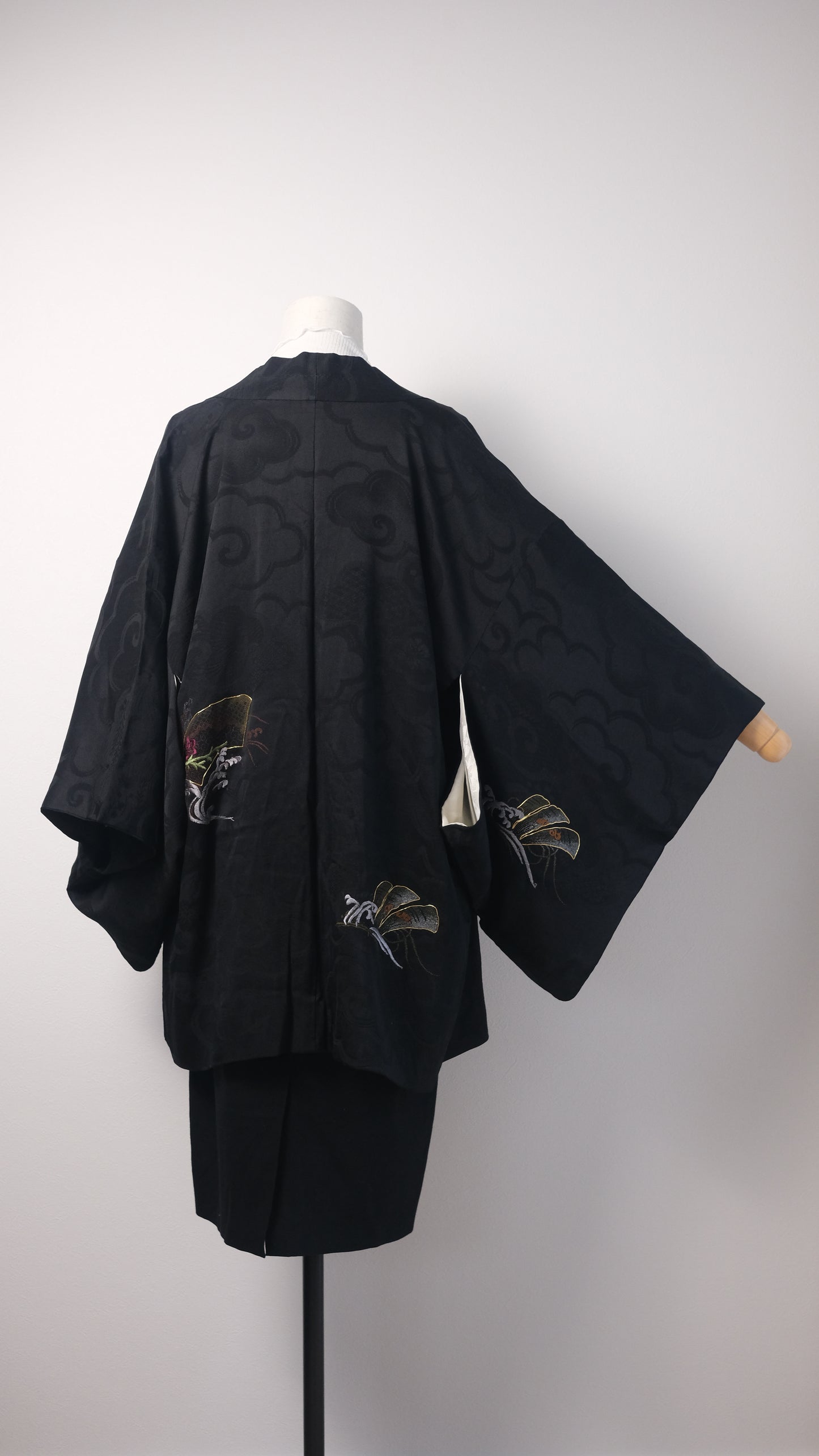 Black Haori with Cloud Motif and Wave-Fan Embroidery