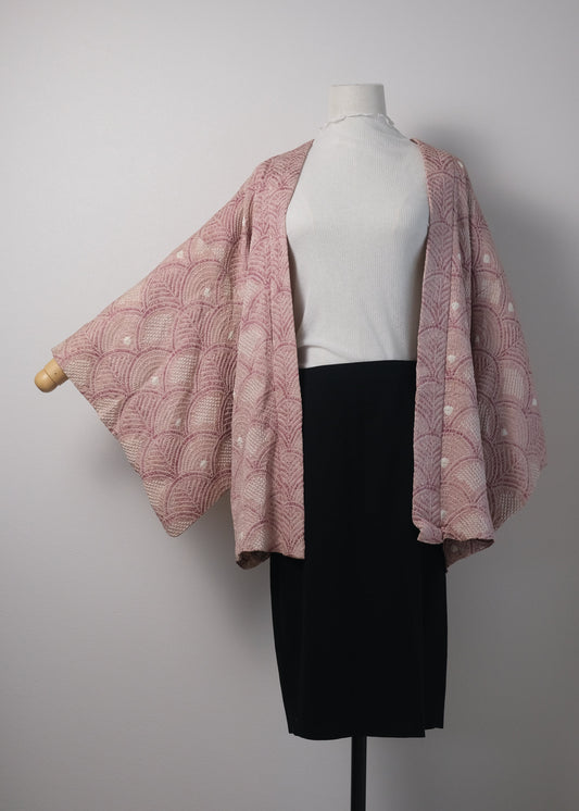 Dusty Rose Shibori Haori with Wave Motif and Playful Lining