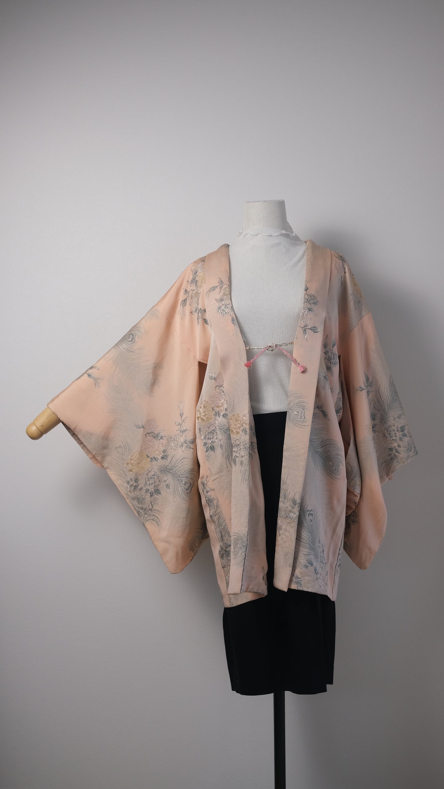Blush Pink Woven Haori with Rose & Peacock Feather Motif