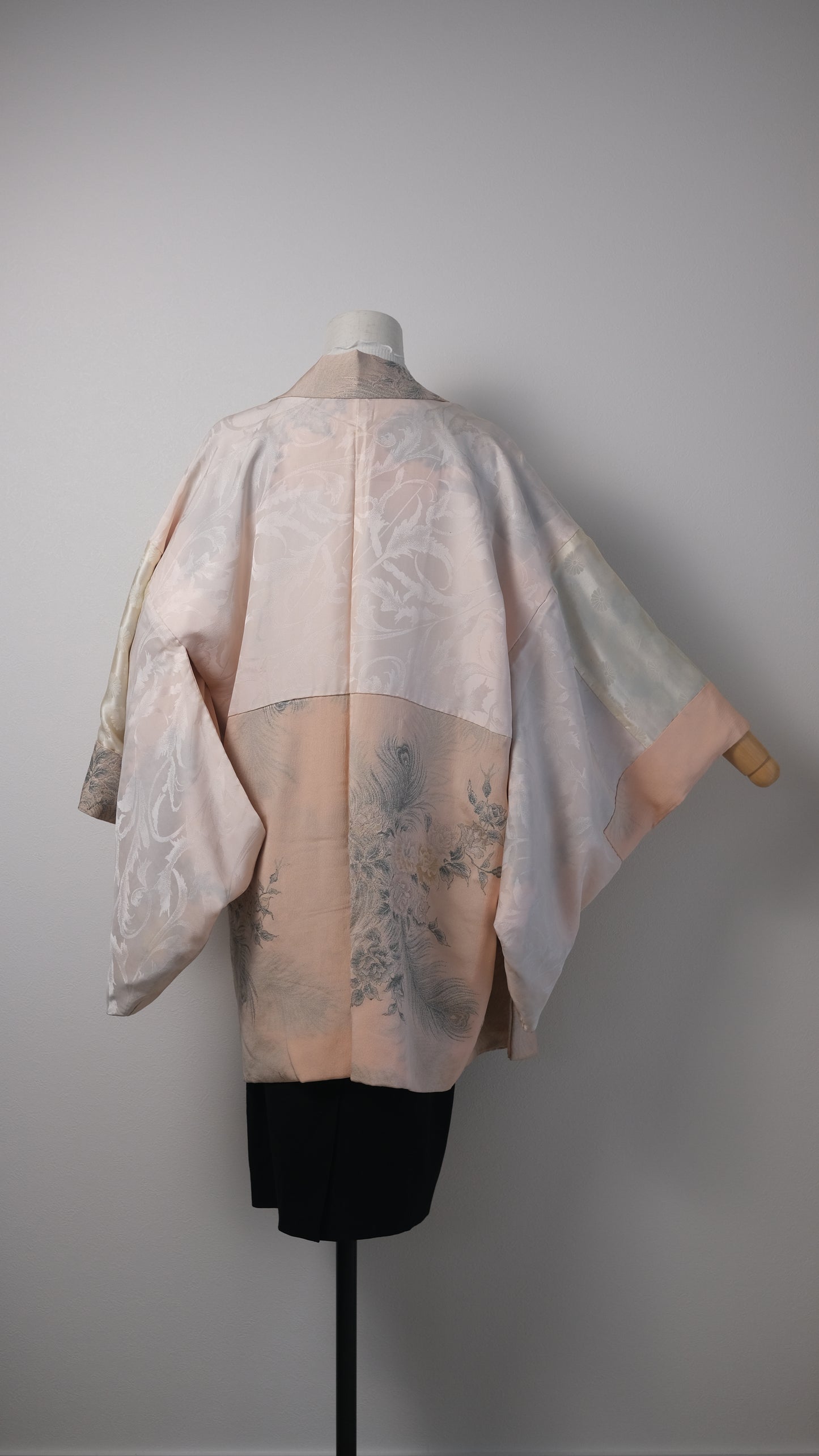Blush Pink Woven Haori with Rose & Peacock Feather Motif