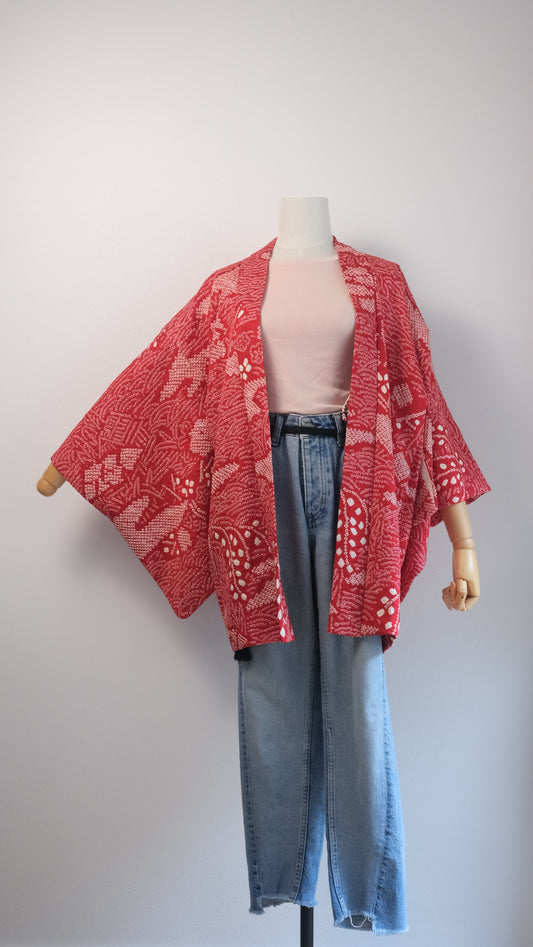 Vibrant Red Shibori Haori with Playful Lining