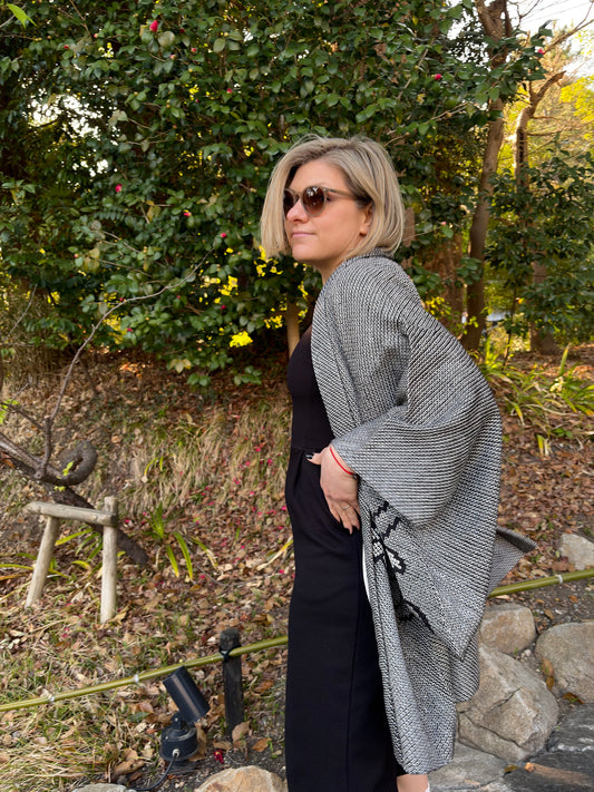 Vintage Black Shibori Haori with Chrysanthemum Motif