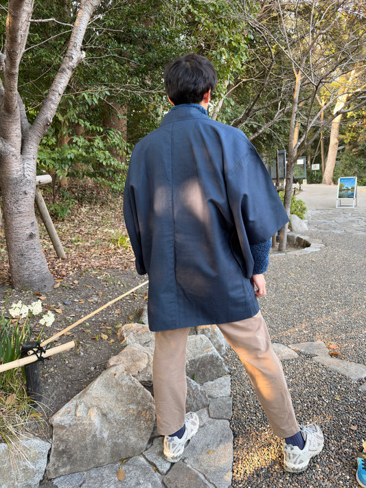 Vintage Navy Blue Haori with Sansui Landscape Painting (For Men)