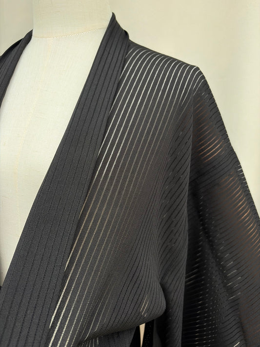 Vintage Black Sheer Silk Summer Haori with Woven Lines