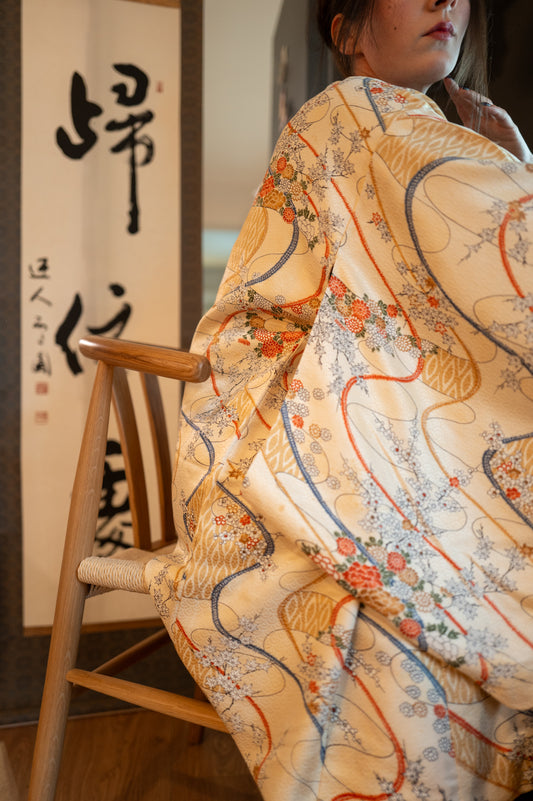 Vintage Kimono in Ivory with Golden Botanicals