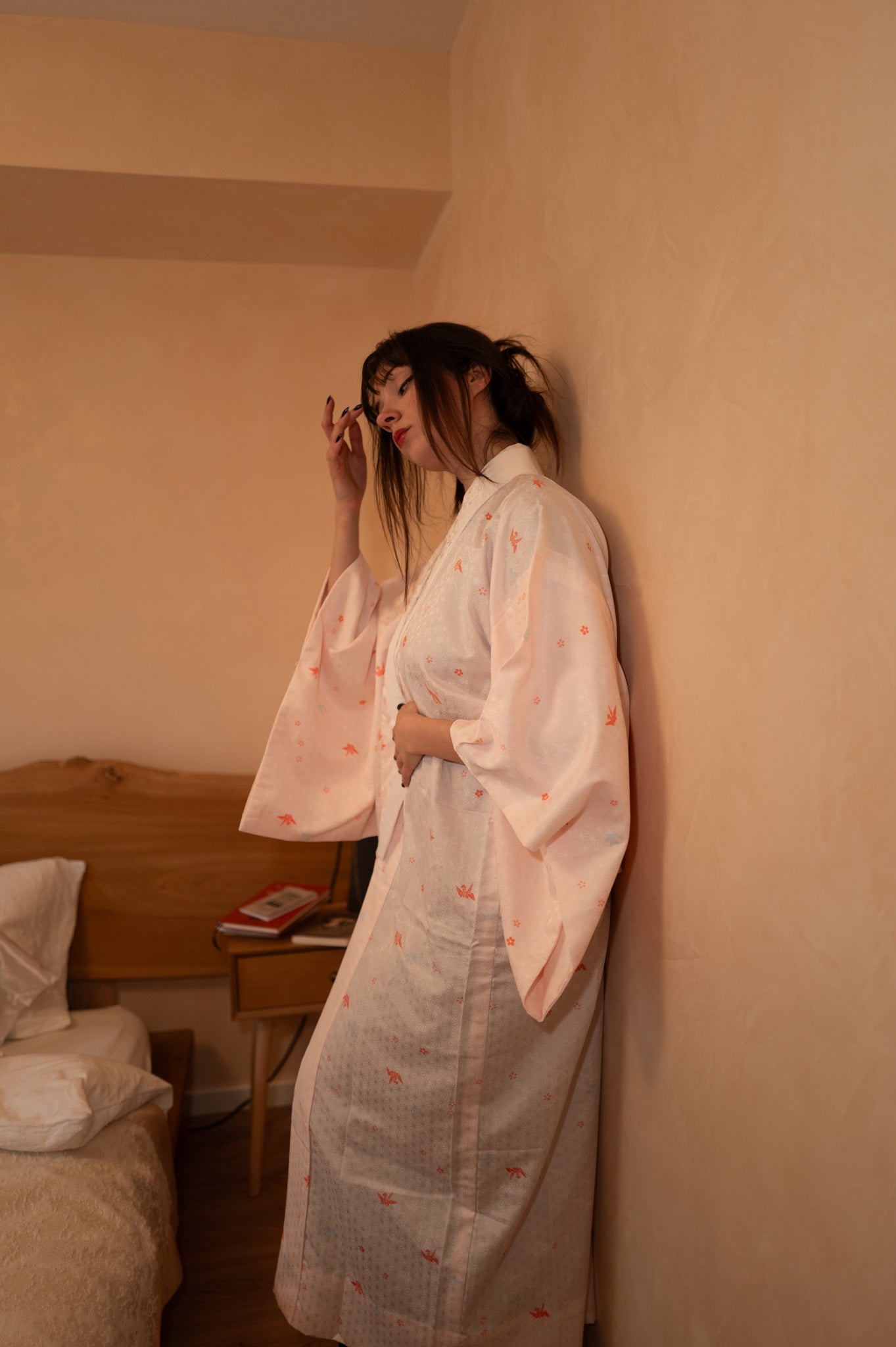 Vintage Blush Pink Nagajuban with Crane Pattern and Embroidery on the Collar