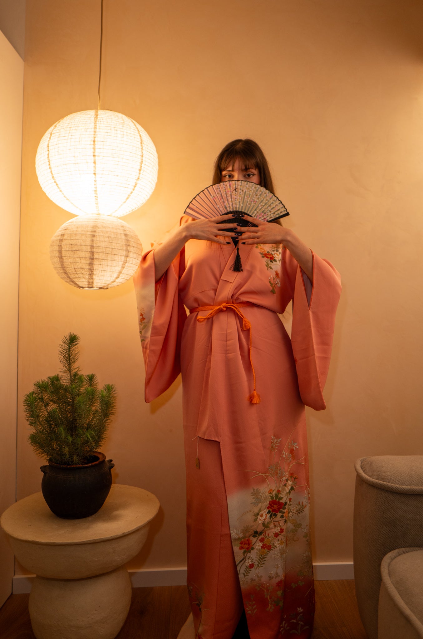 新品未使用　ハンドメイド作家　KIKONOさん　ROSE Vintage Kimono in Blush Pink with Hand-drawn Flowers – CityZen
