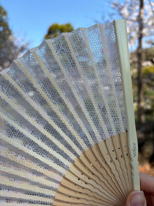 Close-up of the delicate white lace pattern on the fan