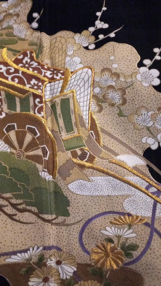 Vintage Kimono in Black with Hand-drawn Japanese Garden