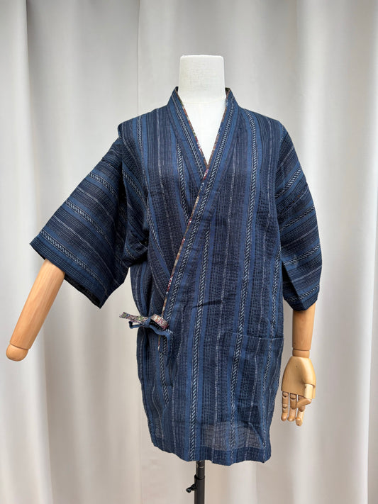 Navy Japanese men's jinbei top with woven stripes on a mannequin