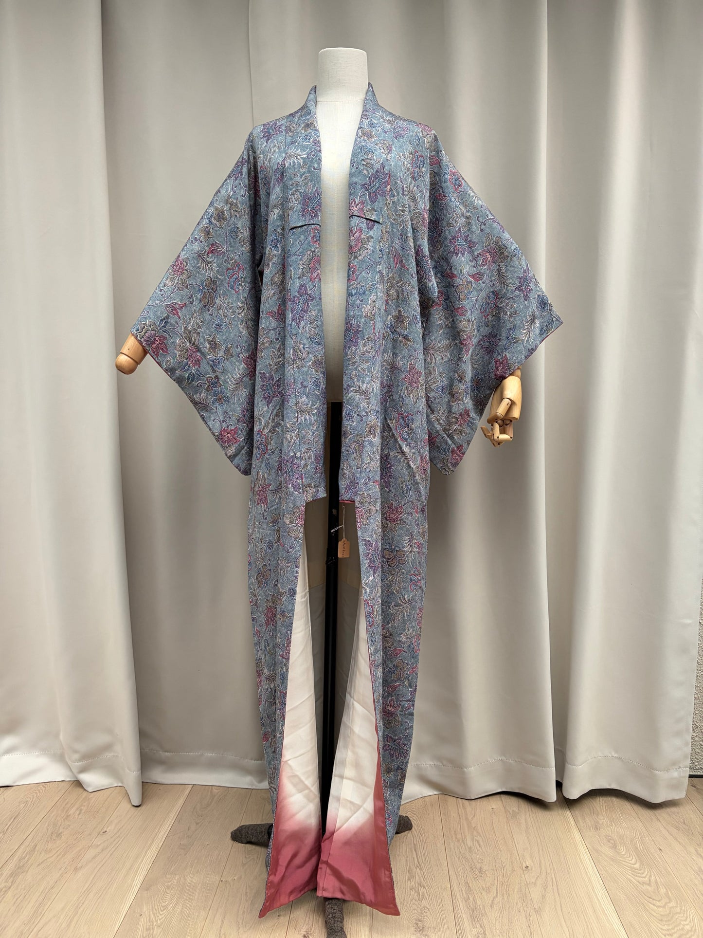 Full-length front view of the blue floral vintage kimono