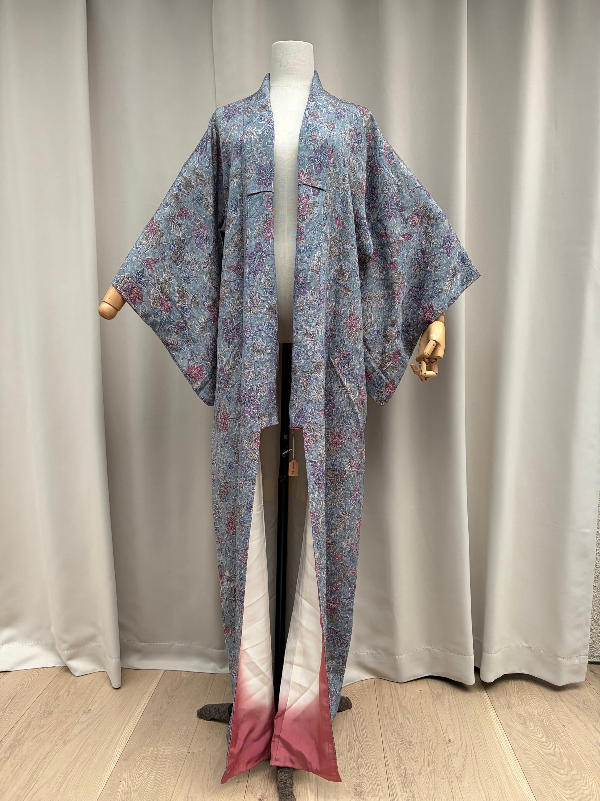 Full-length front view of the blue floral vintage kimono