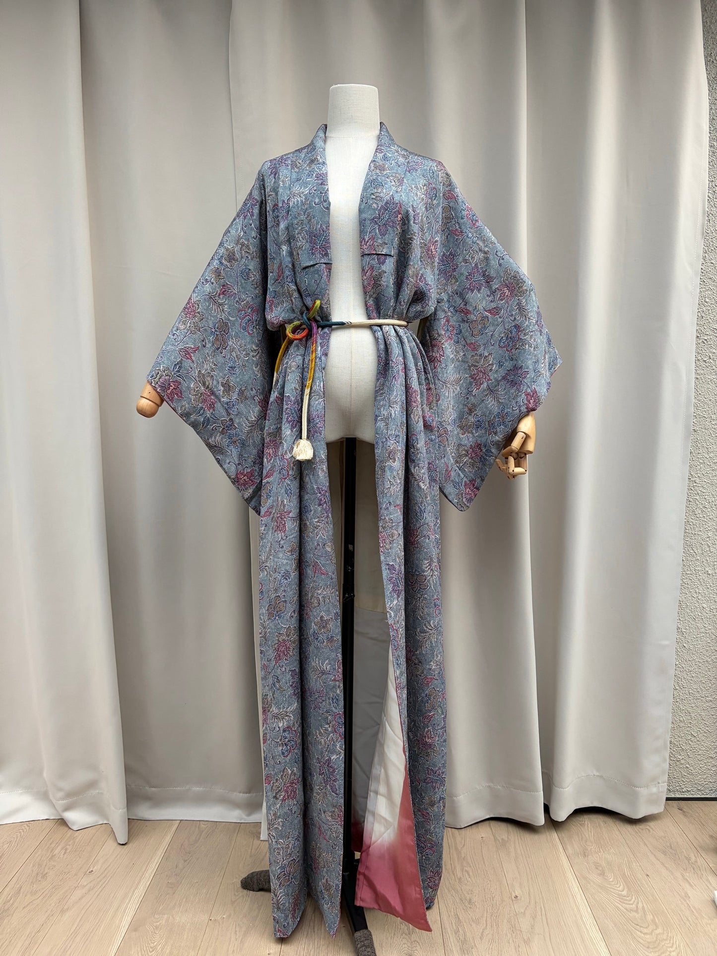 Blue floral kimono styled and tied with a colourful obijime cord