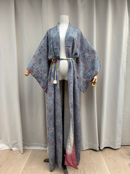 Blue floral kimono styled and tied with a colourful obijime cord