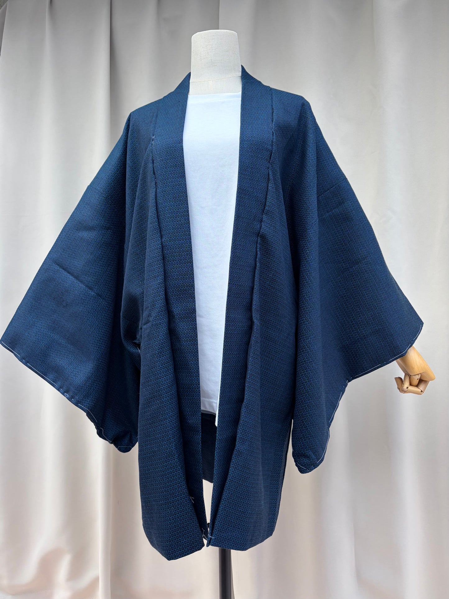 Navy Japanese men's haori jacket front view on a mannequin