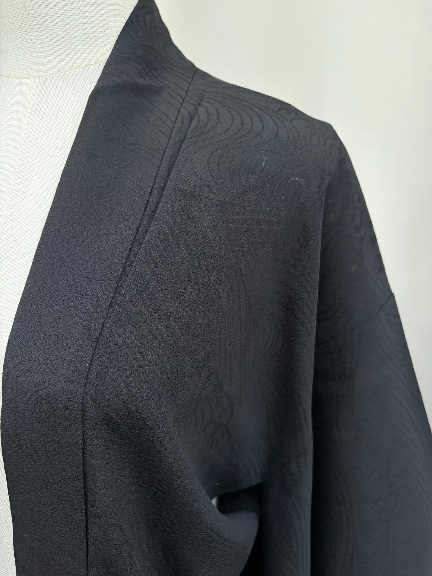 Collar and front-panel detail of the sheer black haori