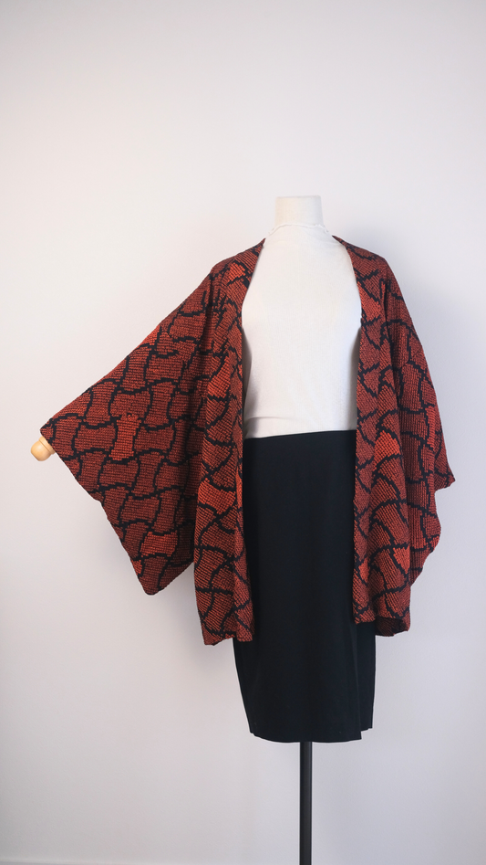 Red & Black Shibori Haori with Floral Lining