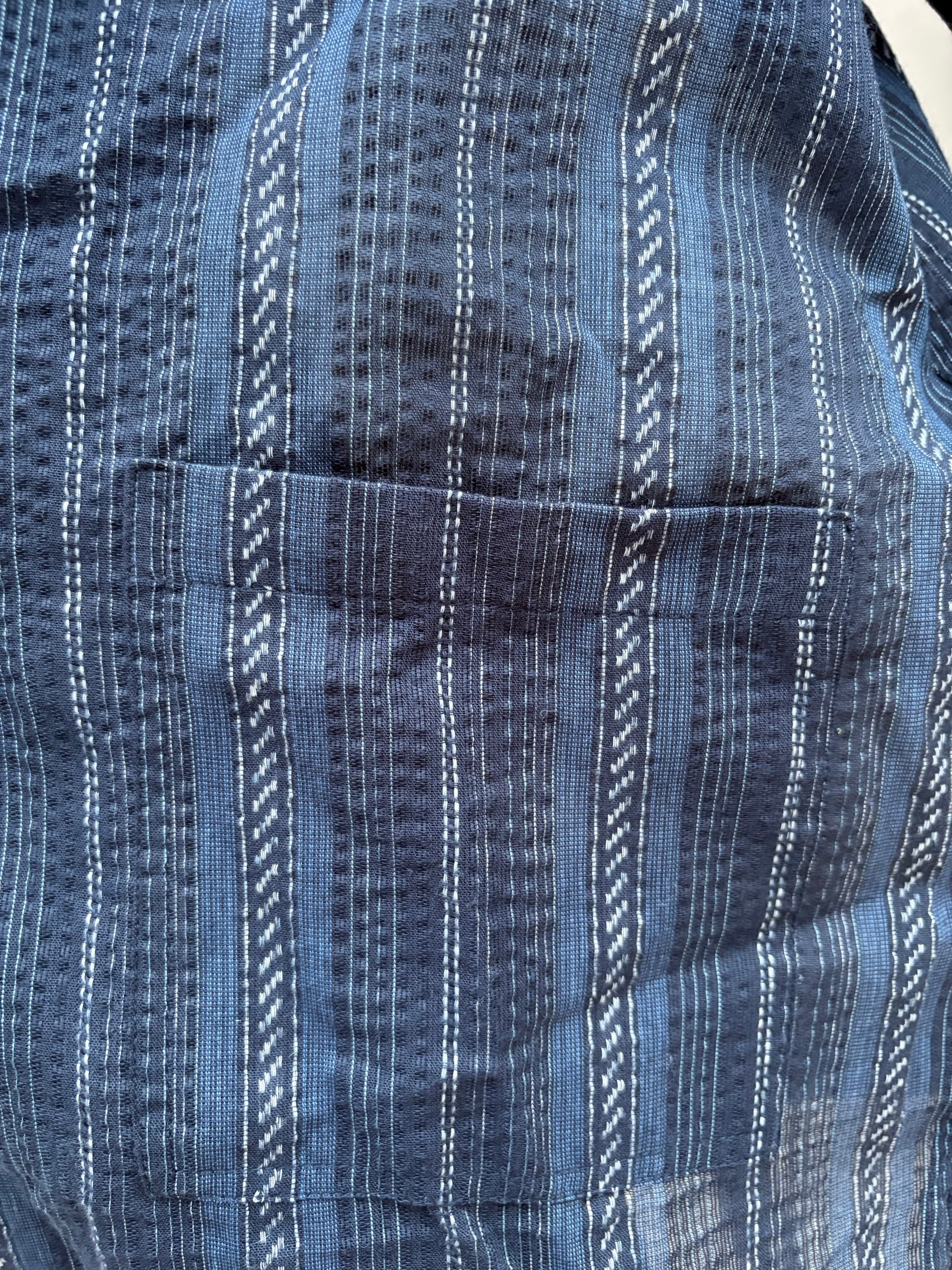 Close-up of the indigo woven stripe fabric