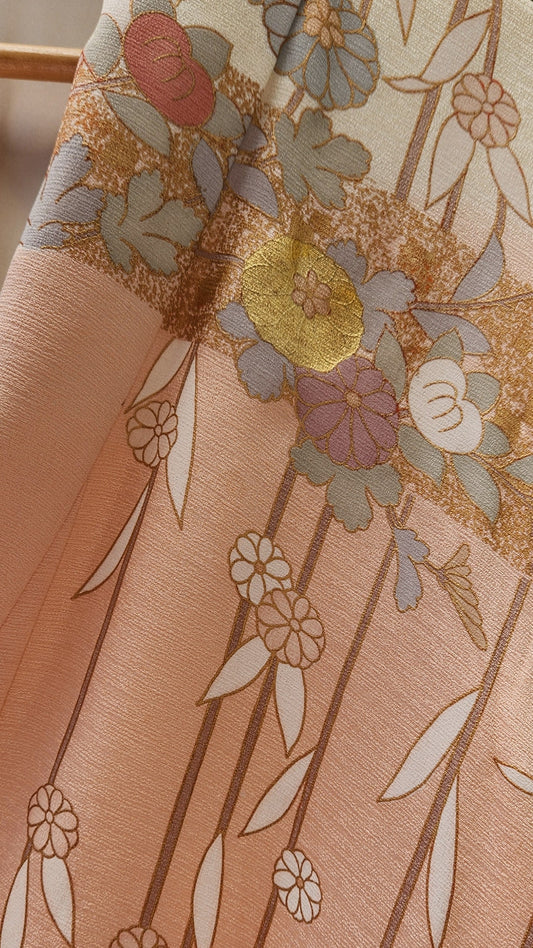 Vintage Kimono in Soft Ivory and Pink with Hand-drawn Flowers and Bamboo