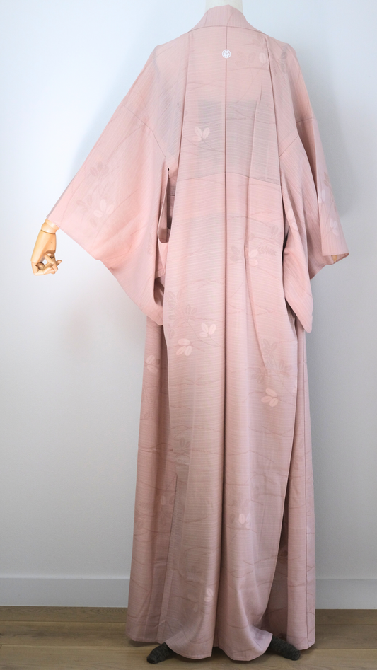 Dusty Pink Summer Kimono with Grass Motif and Family Crest