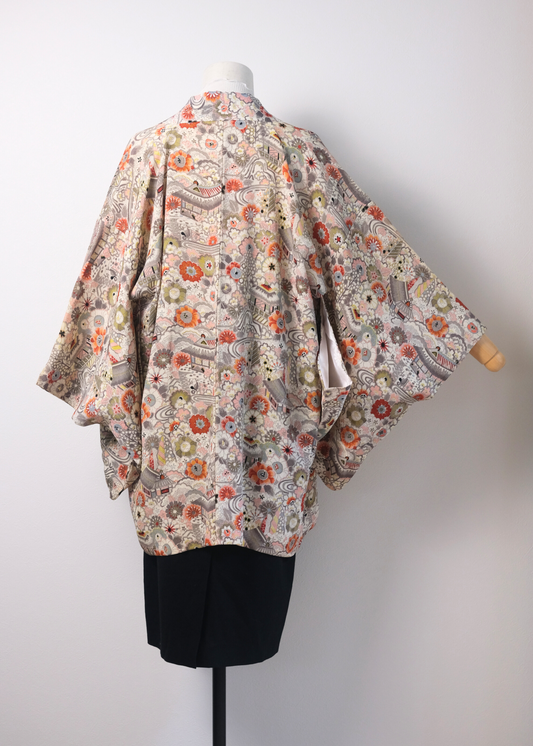 Pastel Scenic Garden Haori with Temple & Floral Motif