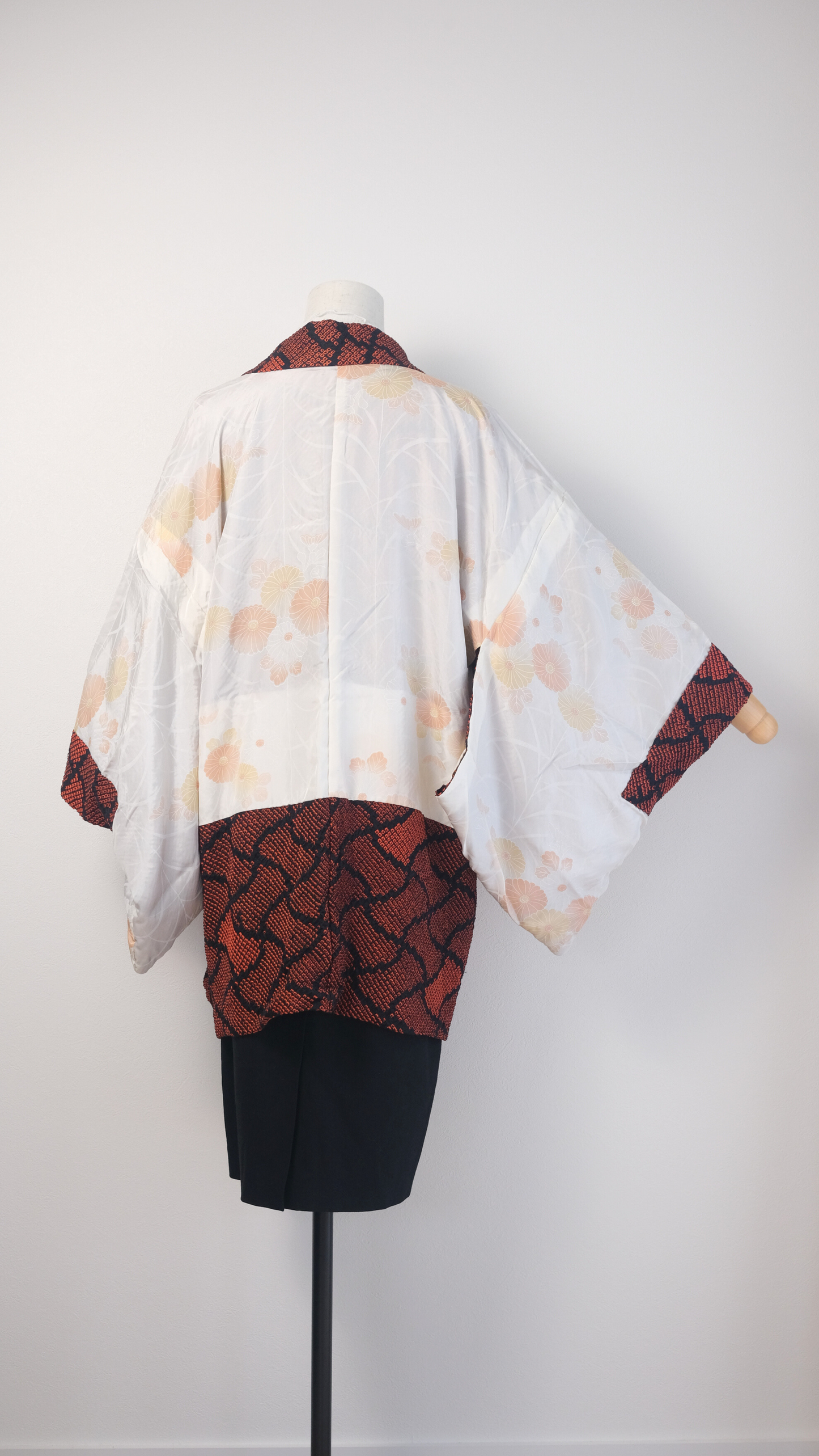Red & Black Shibori Haori with Floral Lining