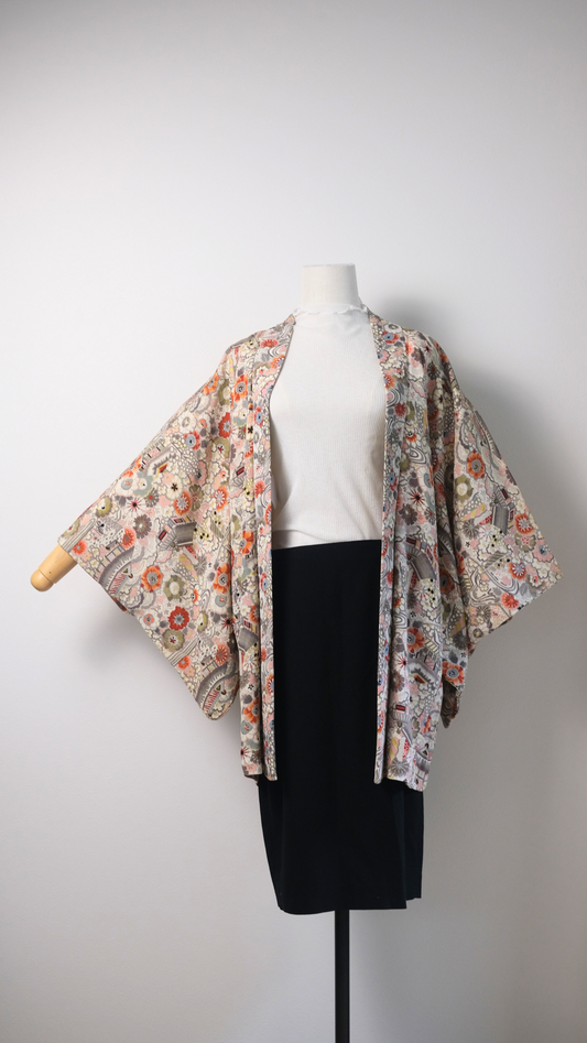 Pastel Scenic Garden Haori with Temple & Floral Motif