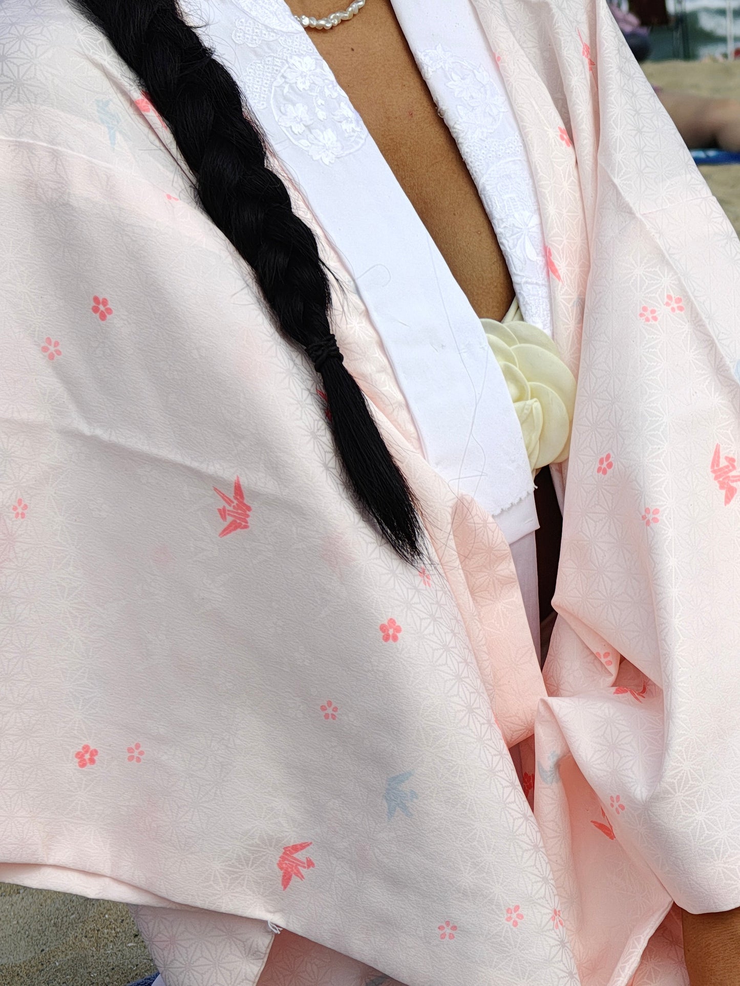 Vintage Blush Pink Nagajuban with Crane Pattern and Embroidery on the Collar