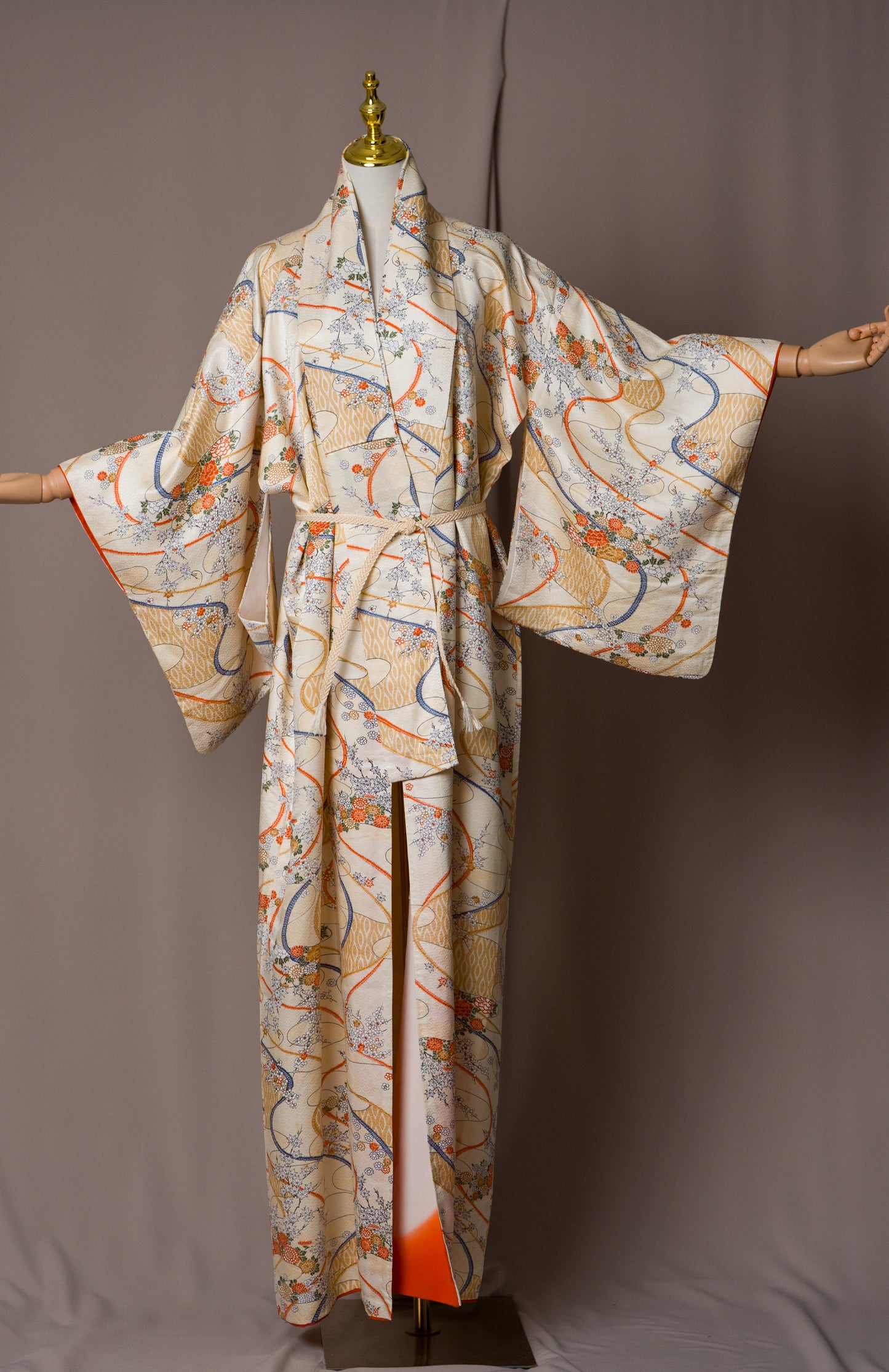 Vintage Kimono in Ivory with Golden Botanicals