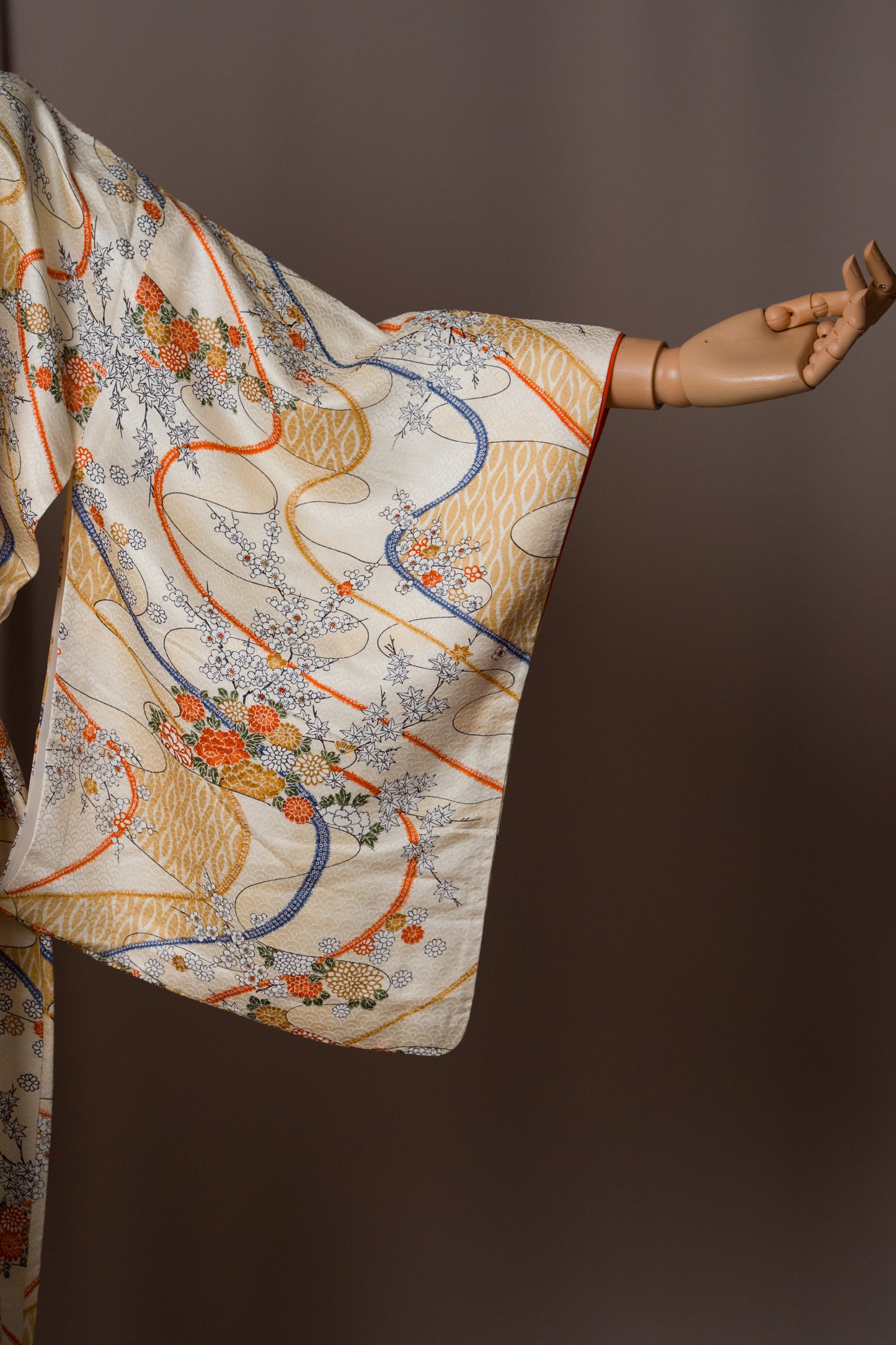 Vintage Kimono in Ivory with Golden Botanicals
