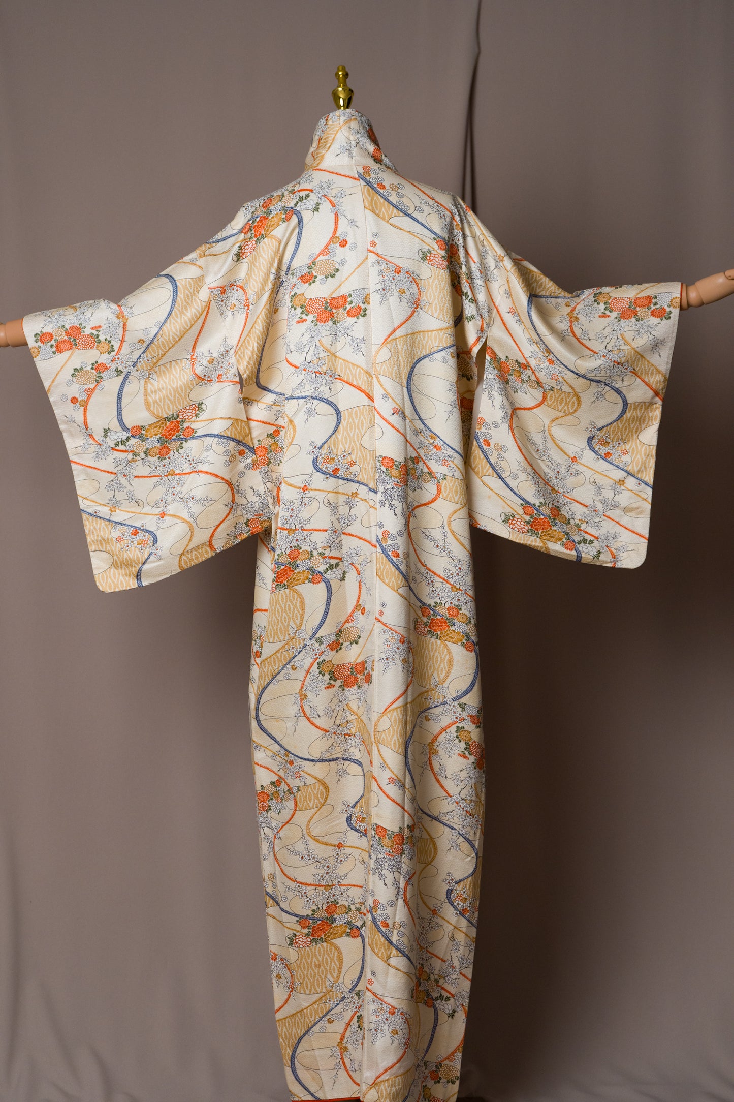 Vintage Kimono in Ivory with Golden Botanicals