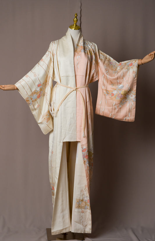 Vintage Kimono in Soft Ivory and Pink with Hand-drawn Flowers and Bamboo