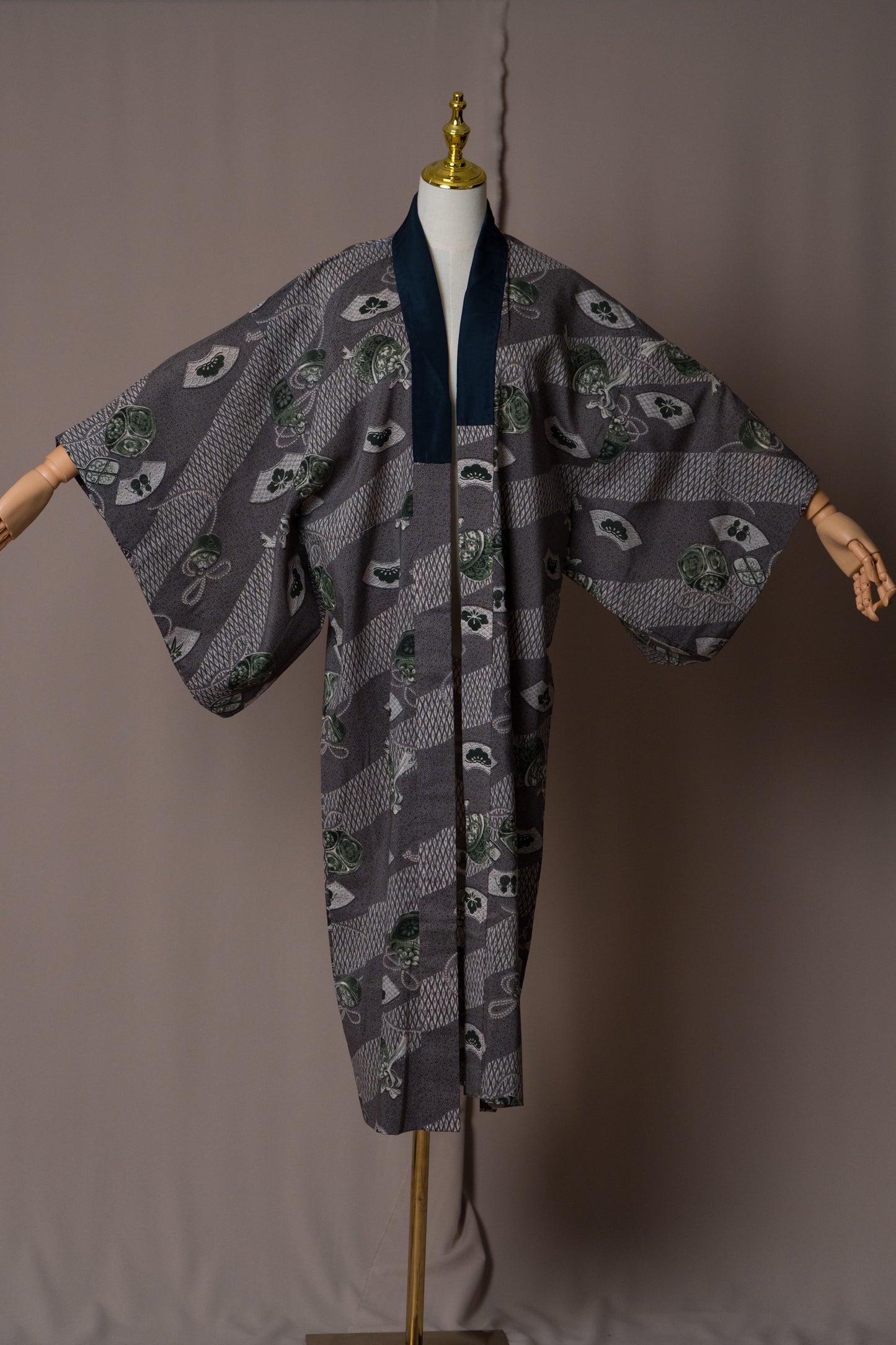 Vintage Charcoal Grey Nagajuban with Green Fan & Bell Motifs