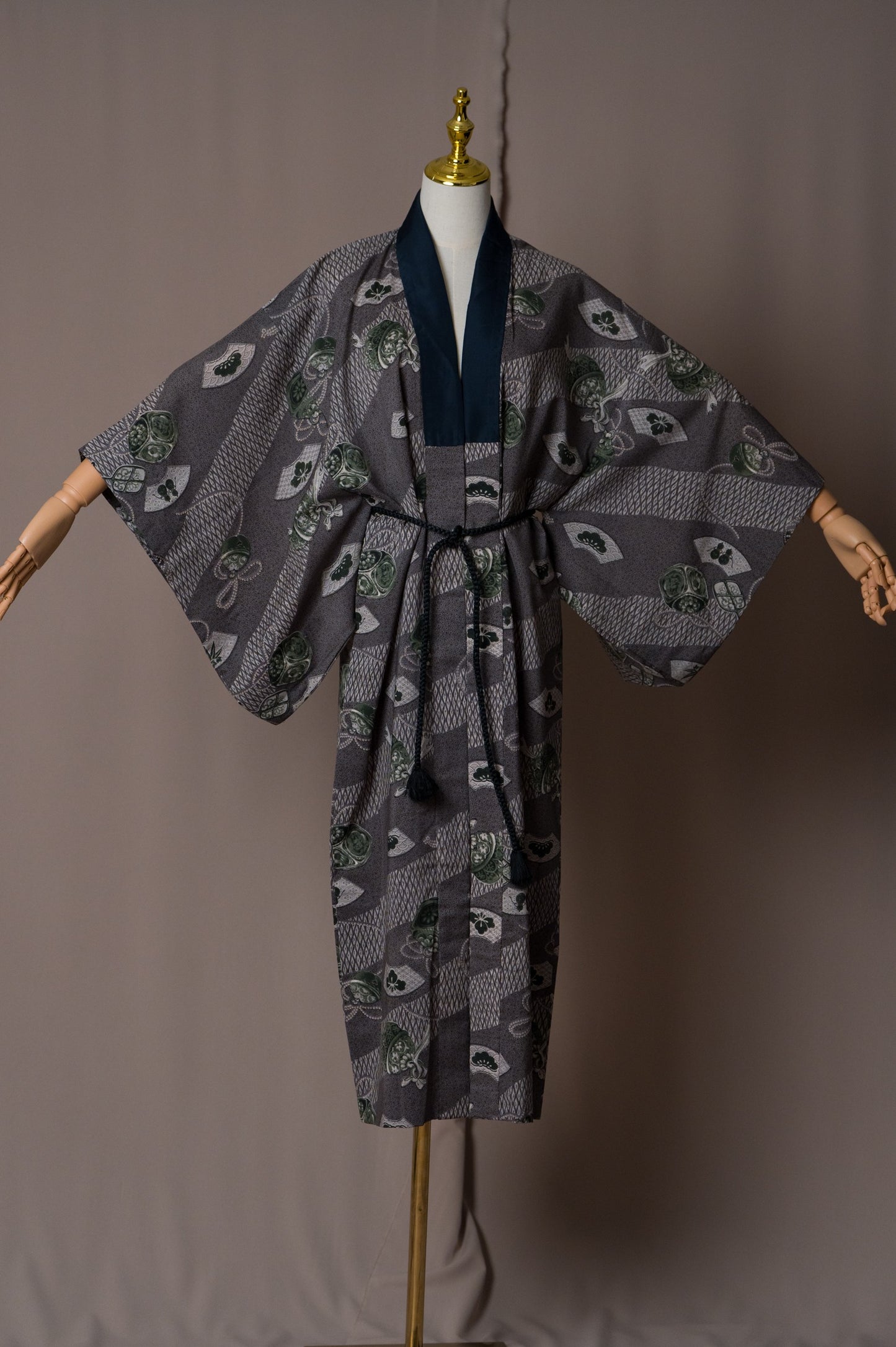 Vintage Charcoal Grey Nagajuban with Green Fan & Bell Motifs