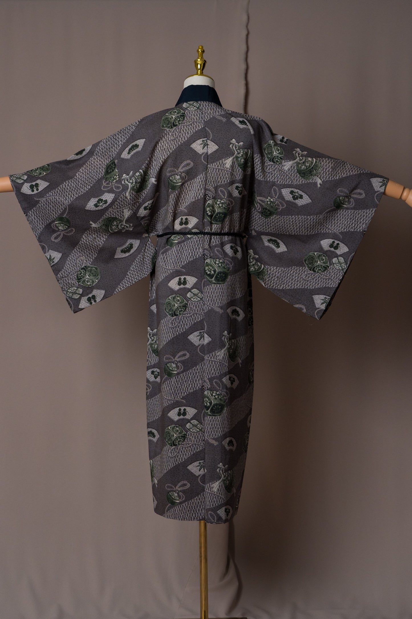 Vintage Charcoal Grey Nagajuban with Green Fan & Bell Motifs