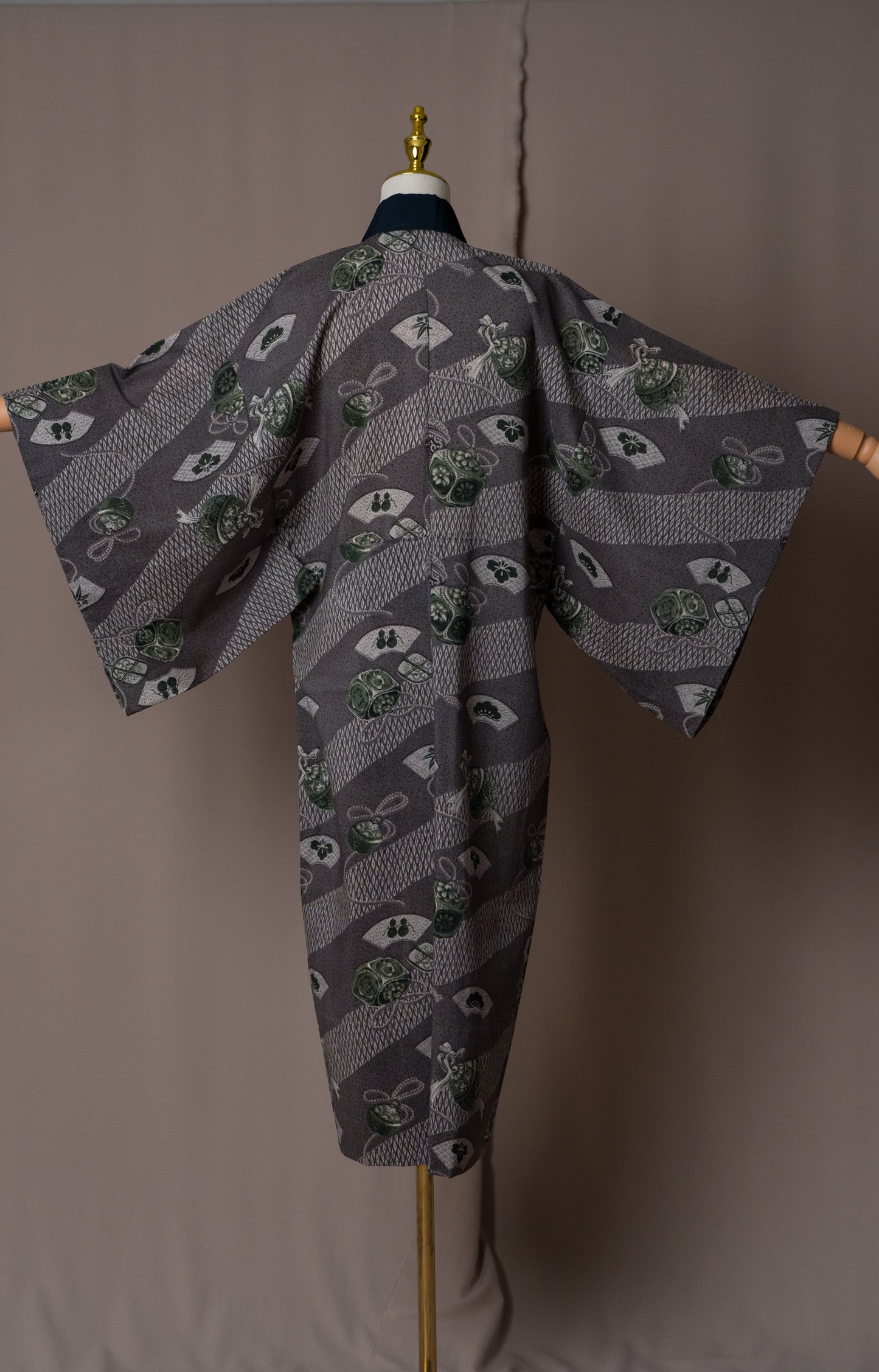 Vintage Charcoal Grey Nagajuban with Green Fan & Bell Motifs
