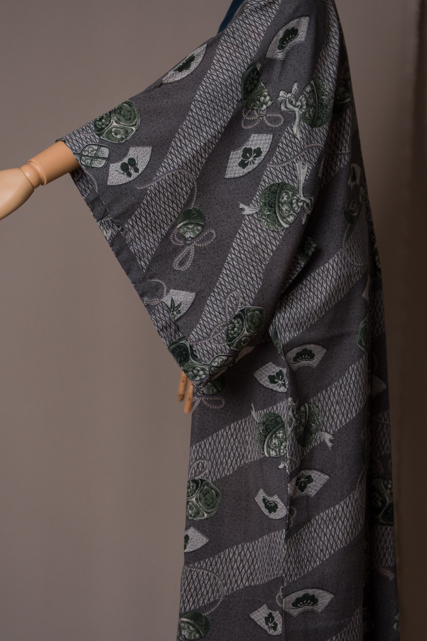 Vintage Charcoal Grey Nagajuban with Green Fan & Bell Motifs
